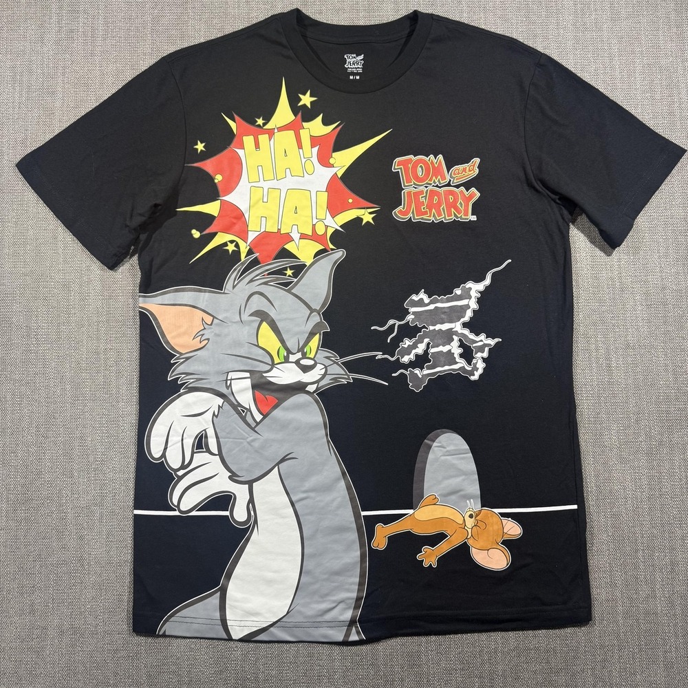 Tom And Jerry‎ Shirt Mens Medium Black Ha Ha Graphic Tee Cartoon Tom Cat Mouse